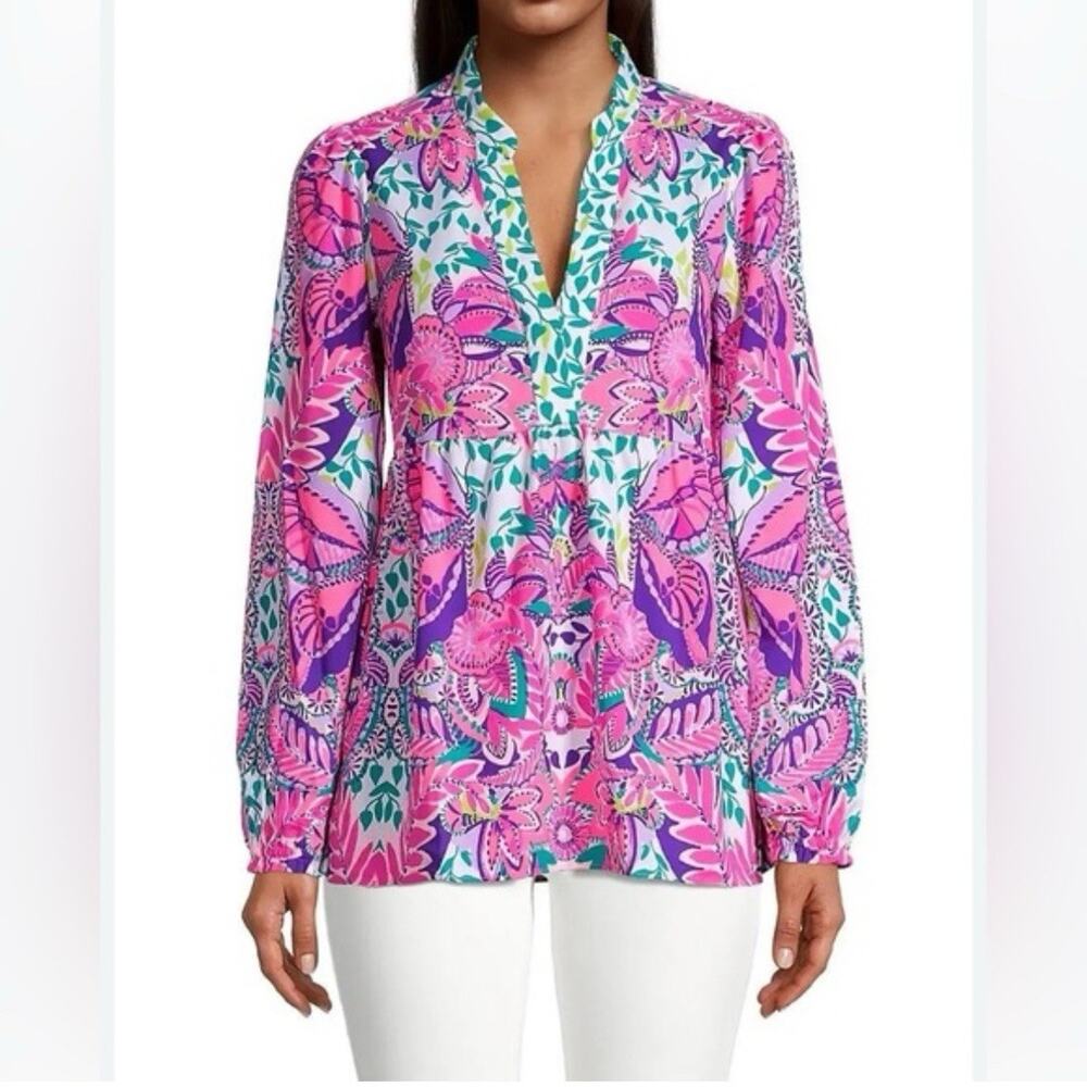 Lilly Pulitzer Winona Tunic Long Slv Blouse She's Too Fly Sz M Empire Peplum Top